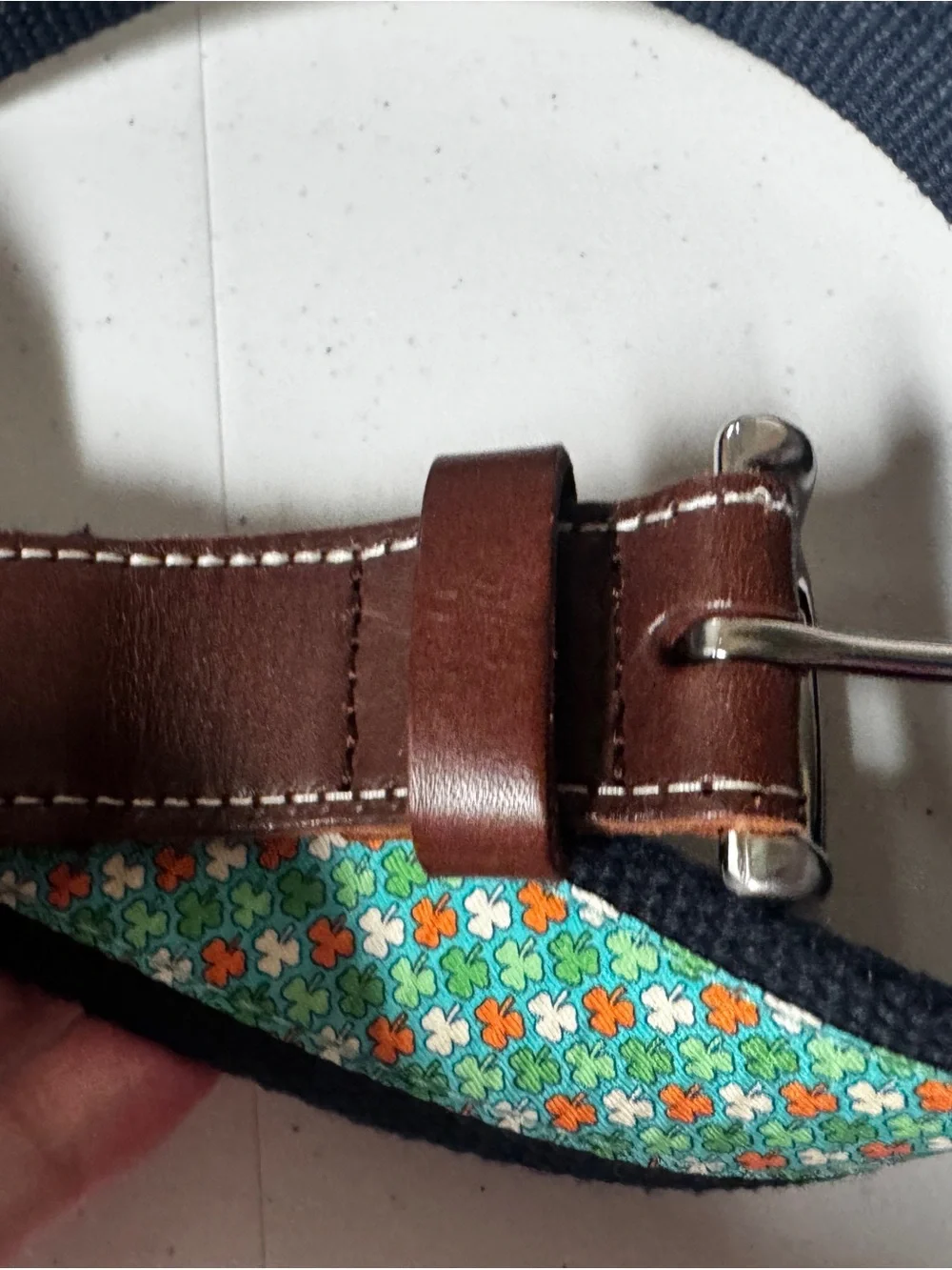 Men's clover Pattern Canvas Belt with Brown Leather Trim silk and leather